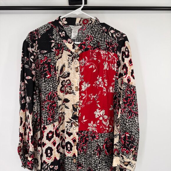 Multiples Womens Patchwork Button-Up Blouse tunic size 1X plus Floral Red Black - Picture 9 of 12
